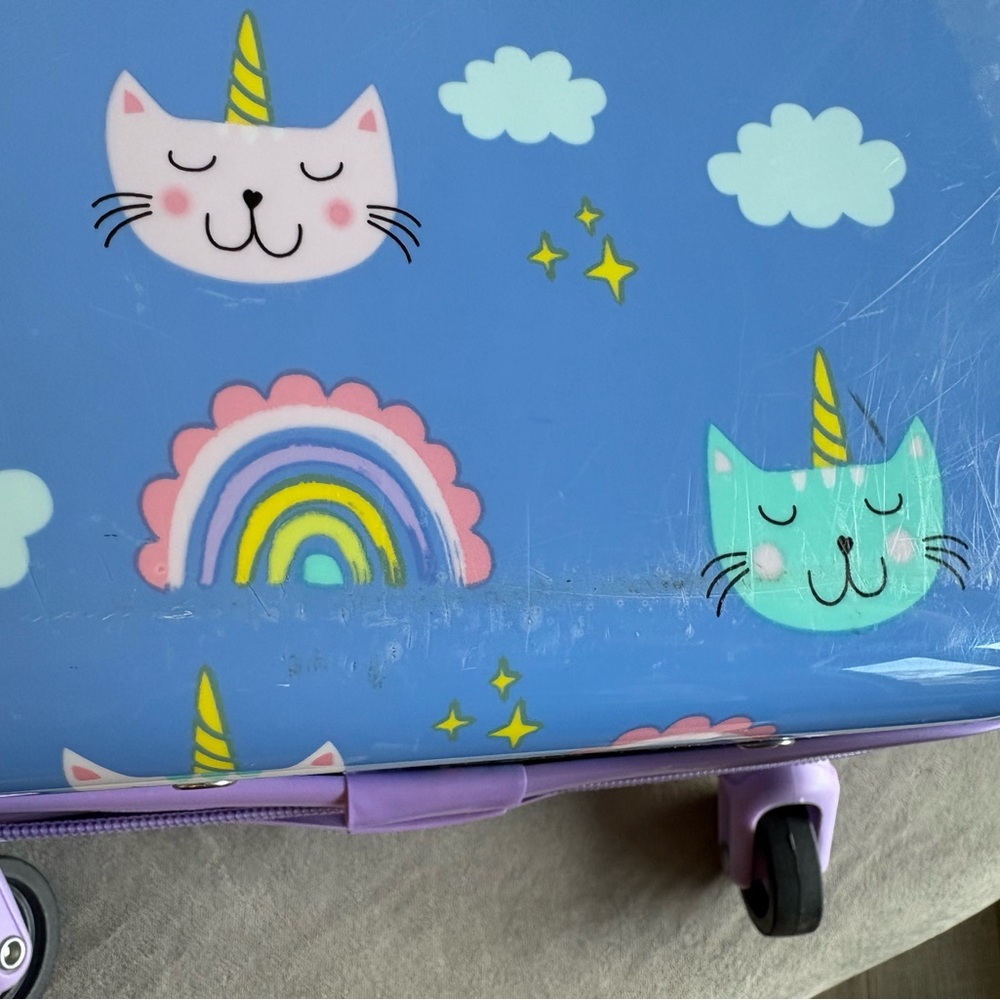Kids Unicorn Cat Rainbow Print Rolling Suitcase - Blue & Purple - Picture 8 of 10